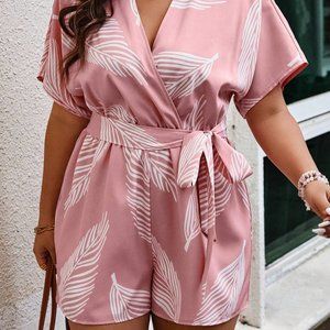 SHEIN Tropical Print Batwing Sleeve Knot Front Romper, XL